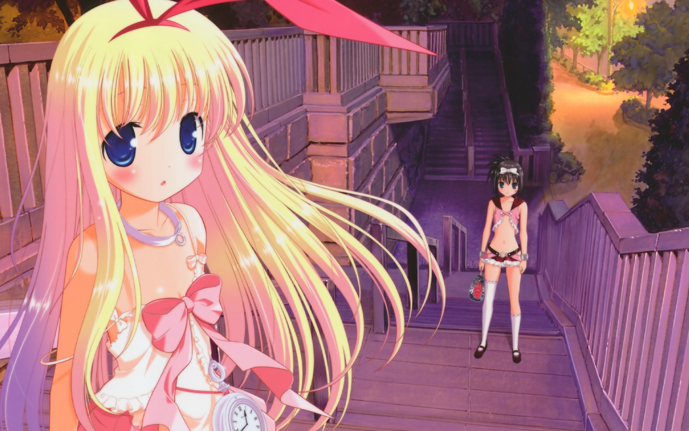 kobayashi ritz, amae koromo, kunihiro hajime, saki (manga), 00s, 2girls, blonde hair, blue eyes, bow, choker, flapper shirt, flat chest, hair bow, kneehighs, loli, midriff, multiple girls, navel, no bra, shirt, skirt, socks, thighhighs