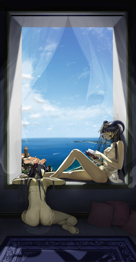 nakabayashi reimei, original, 2girls, against wall, ass, bare legs, barefoot, blue hair, book, breasts, day, feet, horns, legs, medium breasts, monster girl, multiple girls, nipples, ocean, open book, pointy ears, reading, see-through clothes, sky, soles, window, windowsill