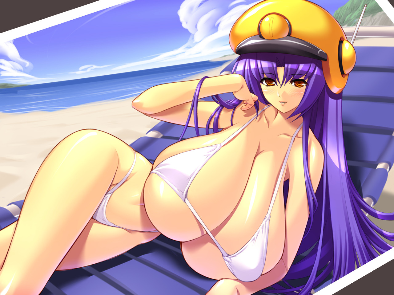 gunner-l, ribetta-taisa, spanner-chan the assault engineer, totsugeki kouhei spanner-chan, yellow headwear, game cg, 1girl, adjusting hair, arm support, beach, beach chair, bikini, blush, breasts, brown eyes, chair, cleavage, cloud, curvy, day, female focus, gigantic breasts, groin, helmet, highleg, highleg bikini, hip focus, huge breasts, light smile, long hair, looking at viewer, lounge chair, lying, micro bikini, navel, ocean, on side, orange eyes, outdoors, parted bangs, photo (object), purple hair, radio antenna, sideboob, skindentation, sky, smile, solo, string bikini, swimsuit, underboob, very long hair, water, white bikini, wide hips