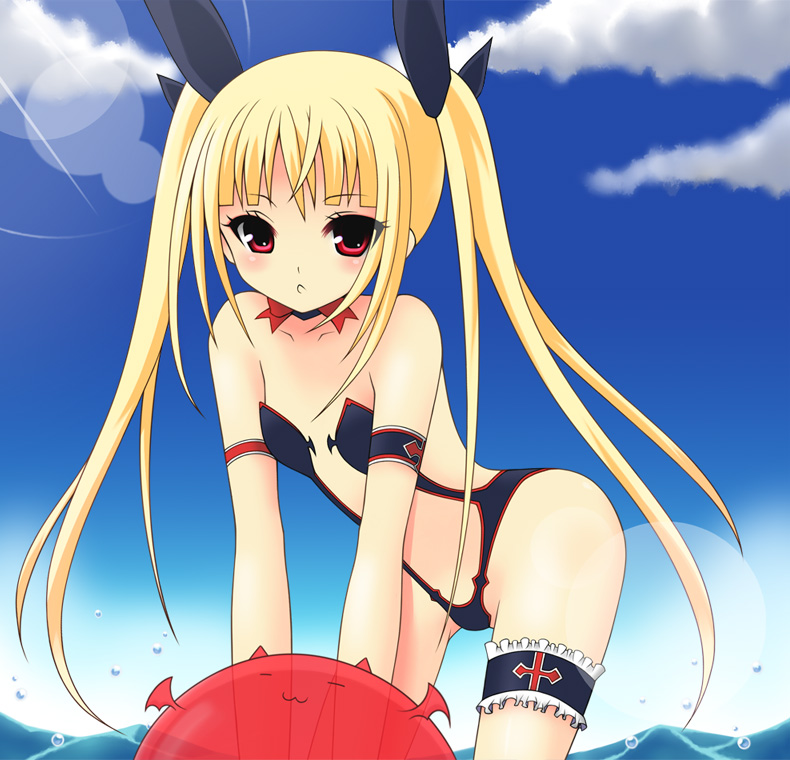 kanora, ryuta, gii, rachel alucard, arc system works, blazblue, bad id, bad pixiv id, 1girl, armband, ball, bare shoulders, beachball, bent over, blonde hair, blush, cloud, female focus, flat chest, frilled thigh strap, hair ribbon, highleg, highleg one-piece swimsuit, legband, lens flare, long hair, looking at viewer, one-piece swimsuit, red eyes, ribbon, sky, solo, swimsuit, thigh gap, thigh strap, thighs, water