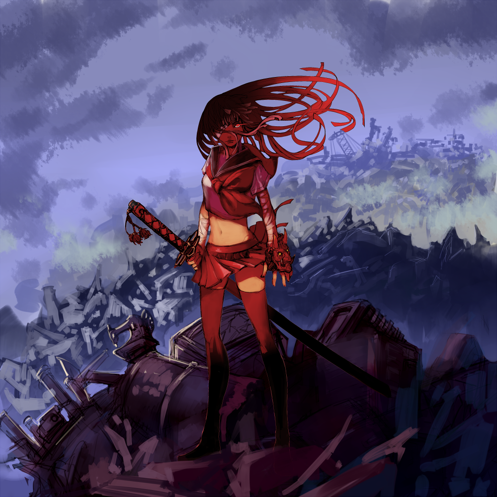 kansou samehada, original, bad id, bad pixiv id, glowing, glowing eyes, gradient hair, midriff, multicolored hair, red eyes, school uniform, serafuku, skirt, solo, sword, thighhighs, weapon