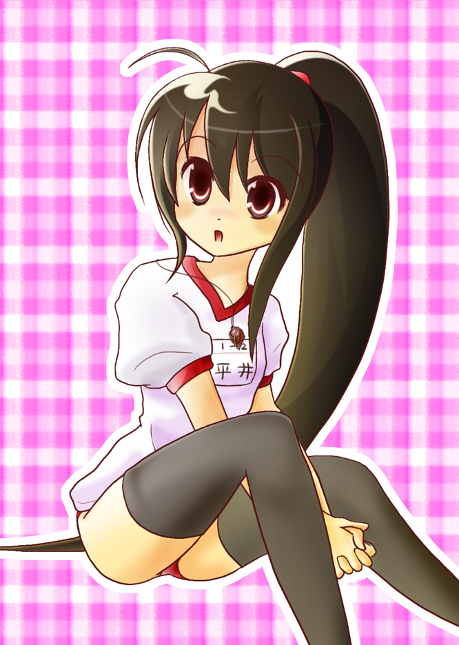 nirata masoba, alastor (shakugan no shana), shana, shakugan no shana, 00s, 1girl, black hair, female focus, gym uniform, jewelry, long hair, pendant, ponytail, solo, thighhighs