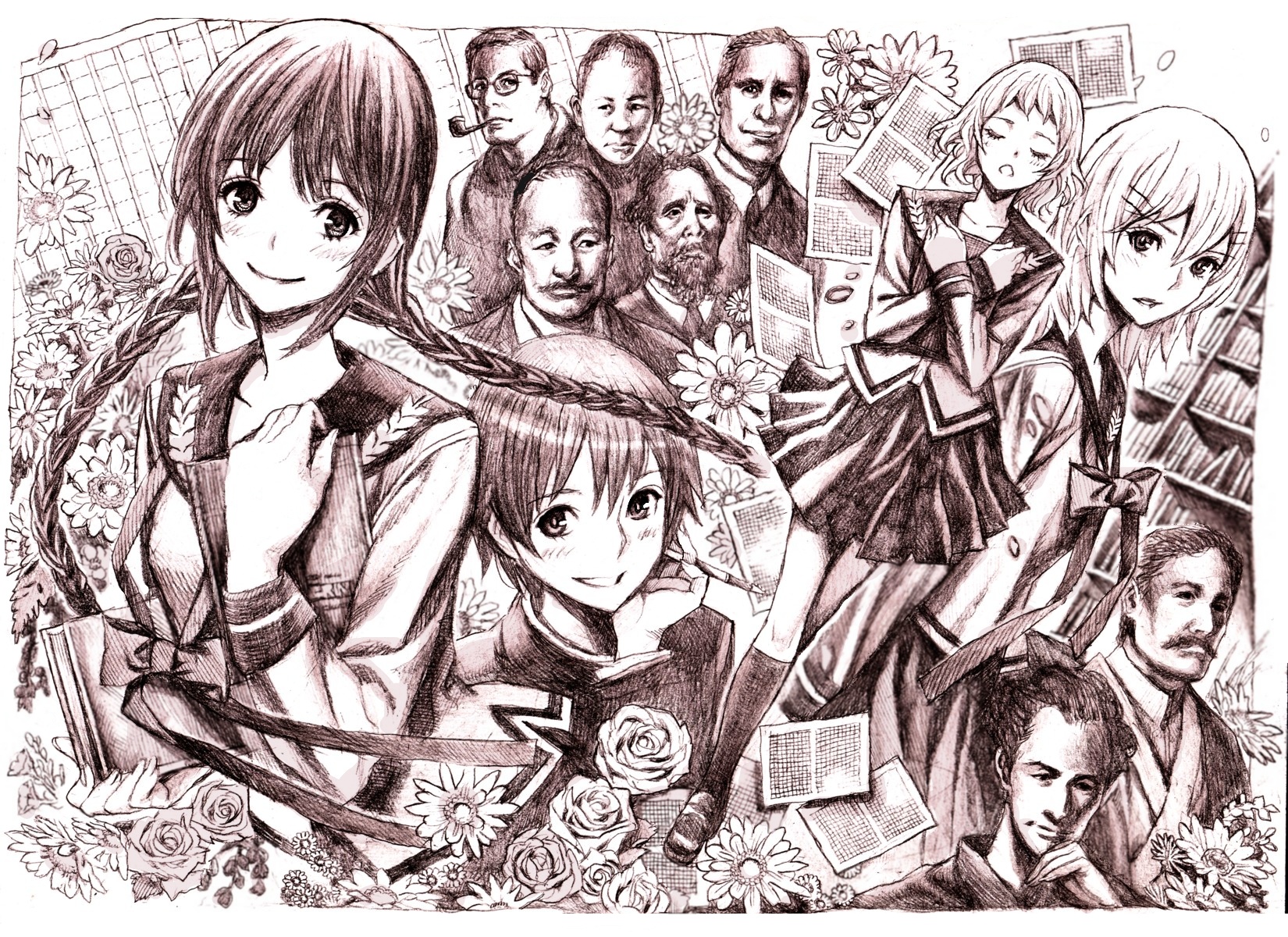nobita (makoto7060355), akutagawa ryuunosuke, amano tohko, amano tooko, inoue konoha, kotobuki nanase, miyazawa kenji, takeda chia, bungaku shoujo, highres, traditional media, 00s, 3girls, 6+boys, braid, monochrome, multiple boys, multiple girls, purple theme