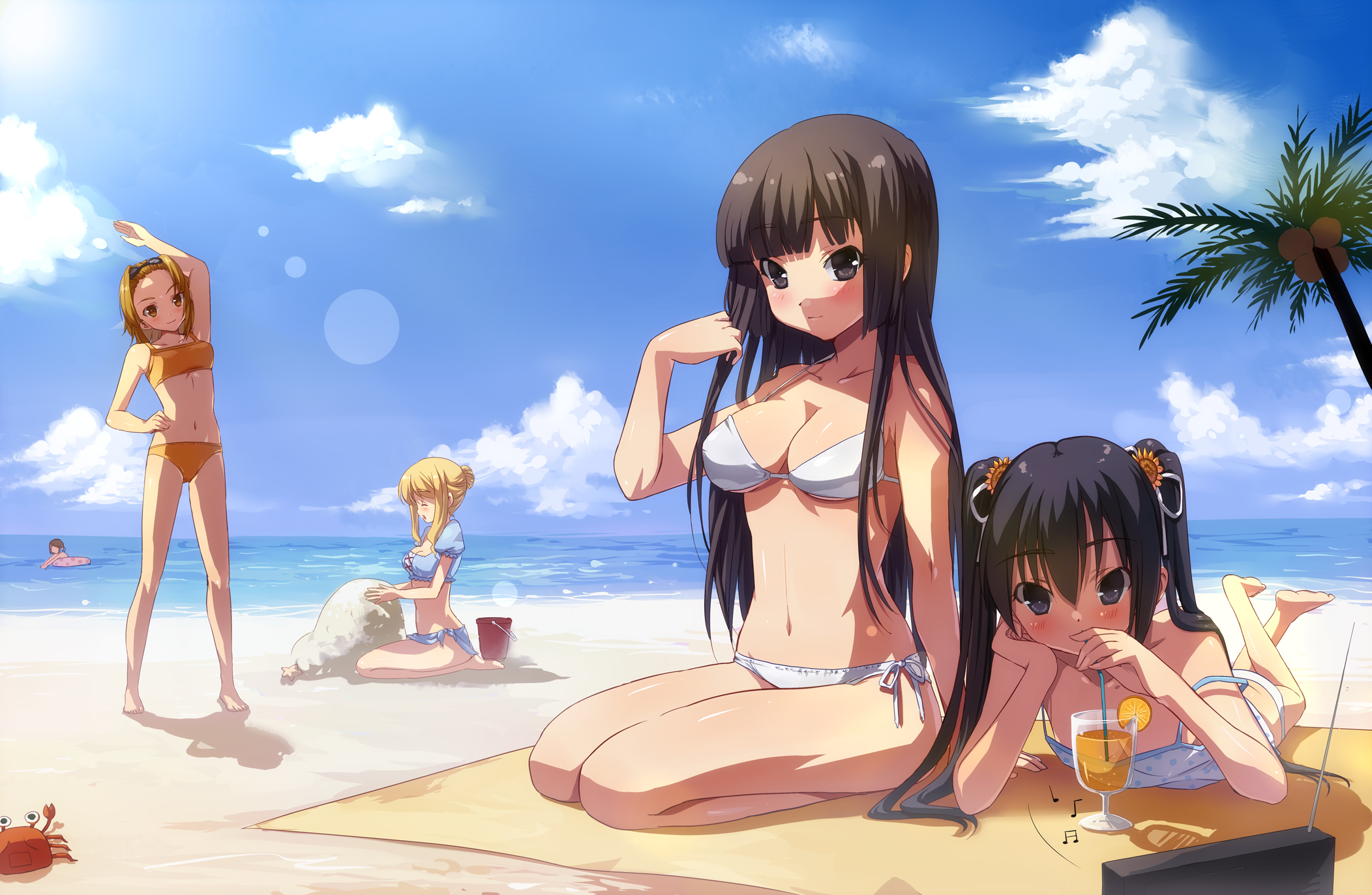 xiangtu, akiyama mio, hirasawa yui, kotobuki tsumugi, nakano azusa, tainaka ritsu, k-on!, bad id, bad pixiv id, highres, 00s, 5girls, barefoot, beach, bikini, black eyes, black hair, blonde hair, blunt bangs, blush, brown eyes, brown hair, day, goggles, hime cut, ho-kago tea time, long hair, multiple girls, outdoors, swimsuit, twintails