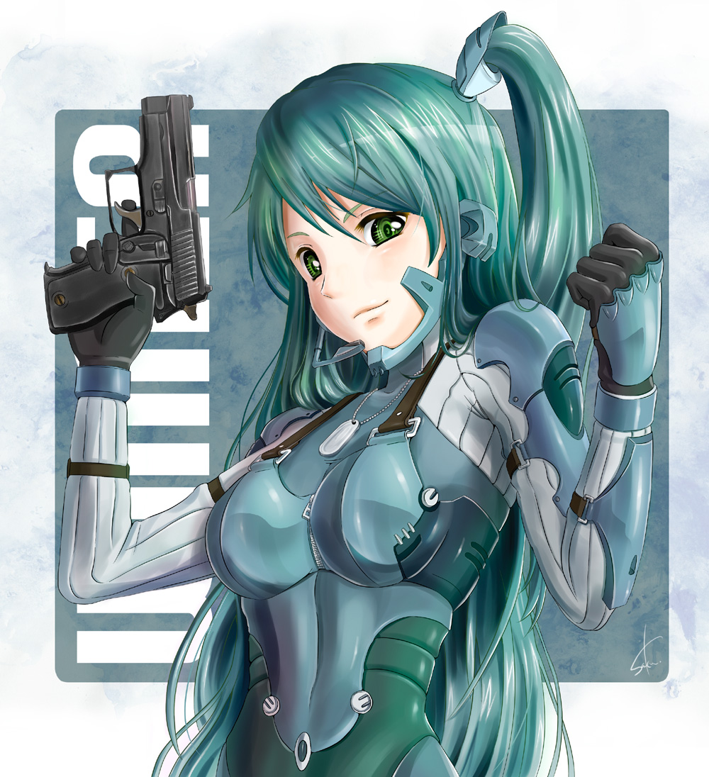 poo (saku), saku (saku9595), original, sig sauer, 1girl, bodysuit, dog tags, female focus, green eyes, green hair, gun, handgun, headset, long hair, matching hair/eyes, pistol, raised eyebrow, side ponytail, sig p228/p229, signature, solo, weapon, zipper