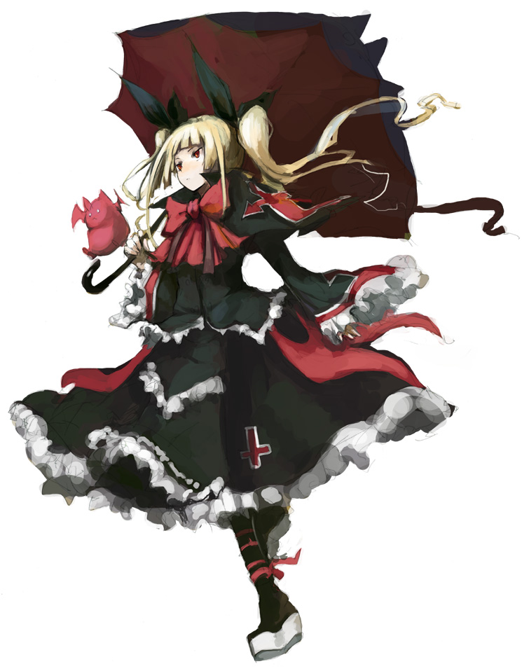 hitorisanka, kasa (hitori sanka), gii, nago, rachel alucard, arc system works, blazblue, 1girl, bat (animal), blonde hair, blush, bow, dress, female focus, frills, gothic lolita, lolita fashion, long hair, red bow, red eyes, ribbon, simple background, solo, twintails, umbrella, vampire