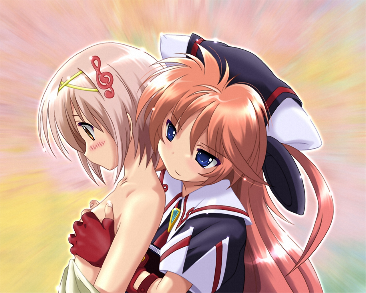 komatsu eiji, amaneka machbuster, mail seagull, akatsuki no amaneka to aoi kyojin, game cg, 2girls, bare shoulders, blue eyes, blush, bob cut, breasts, embarrassed, fingerless gloves, flat chest, gloves, grabbing another's breast, groping, hair ornament, hairclip, hat, long hair, looking down, multiple girls, musical note, naughty face, no bra, off shoulder, open clothes, open shirt, orange eyes, pink hair, red hair, school uniform, shirt, short hair, small breasts, smile, twintails, very long hair, yellow eyes