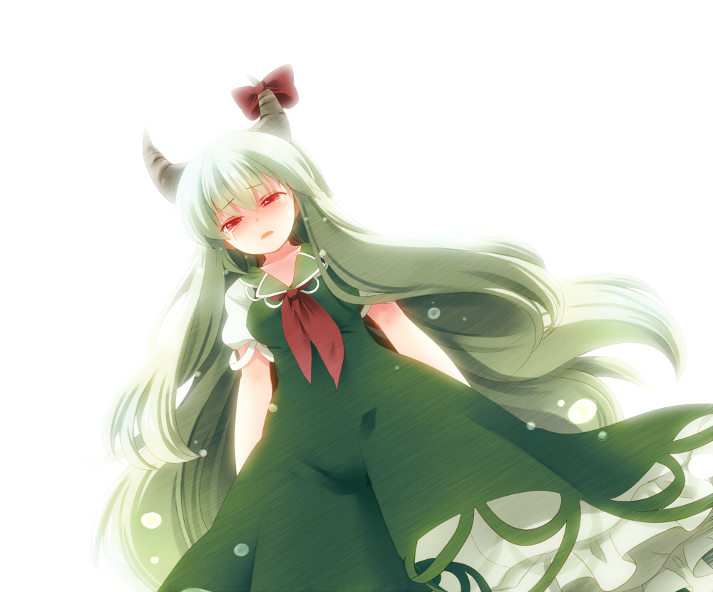 chaba (hortensia), ex-keine, kamishirasawa keine, touhou, bad id, bad pixiv id, 1girl, female focus, gradient background, green hair, horns, long hair, red eyes, ribbon, solo, tears