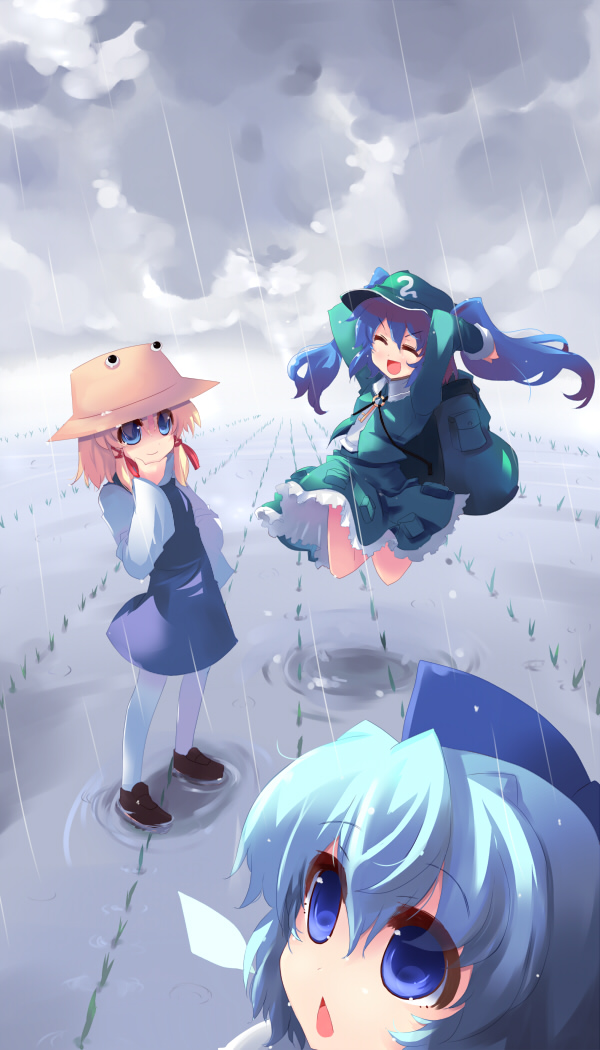 shin (new), cirno, kawashiro nitori, moriya suwako, touhou, 3girls, backpack, bag, blonde hair, blue eyes, blue hair, closed eyes, hat, jumping, multiple girls, rain, randoseru, short hair, thighhighs, twintails, two side up, wings