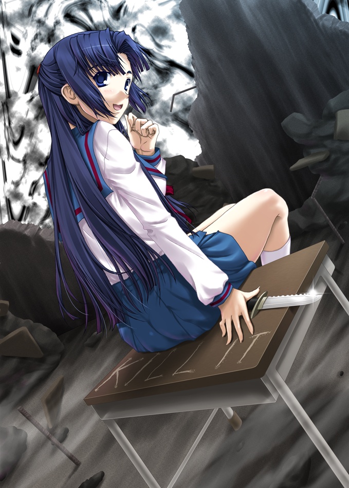 miyai sen, asakura ryoko, suzumiya haruhi no yuuutsu, 00s, blue eyes, blue hair, desk, english text, knife, school uniform, serafuku, solo