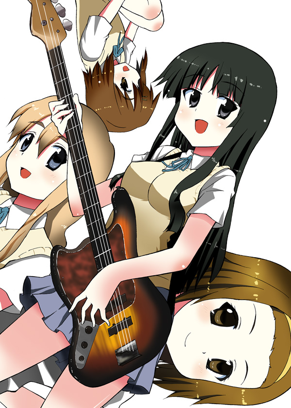 kazuchi, akiyama mio, hirasawa yui, kotobuki tsumugi, tainaka ritsu, k-on!, 00s, 4girls, black eyes, black hair, blonde hair, blue eyes, brown eyes, brown hair, guitar, ho-kago tea time, instrument, long hair, multiple girls, school uniform, short hair