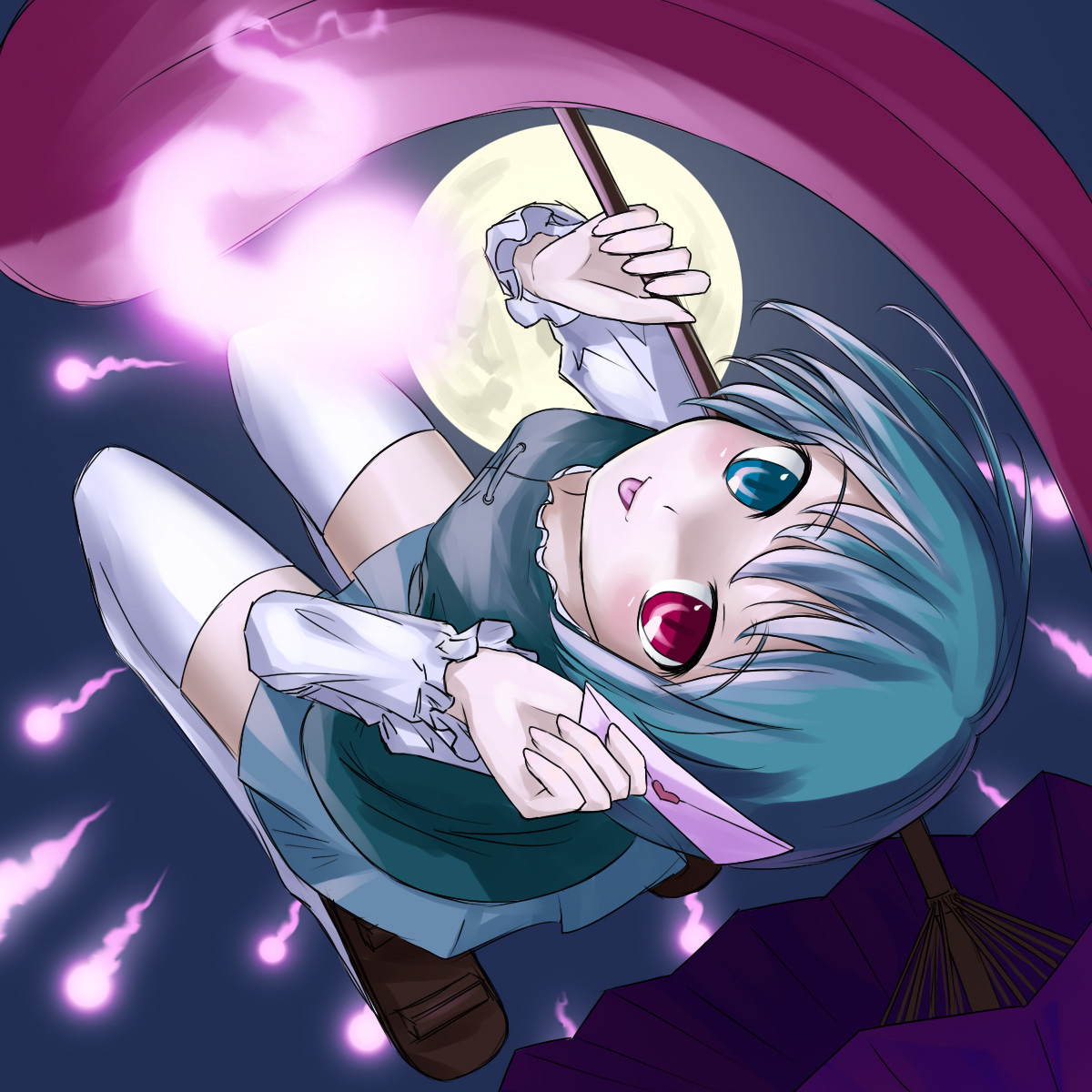 aomi mayoru, yoshower, tatara kogasa, touhou, highres, 1girl, blue eyes, blue hair, envelope, female focus, full moon, heart, heterochromia, hitodama, holding, holding umbrella, karakasa obake, letter, looking at viewer, looking up, love letter, moon, oil-paper umbrella, red eyes, short hair, slit pupils, solo, thighhighs, tongue, tongue out, umbrella, white thighhighs, zettai ryouiki