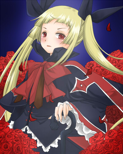 nishino miyuki, rachel alucard, arc system works, blazblue, bad id, bad pixiv id, lowres, 1girl, blonde hair, blush, bow, dress, female focus, flower, gothic lolita, lolita fashion, long hair, red bow, red eyes, ribbon, rose, solo, twintails