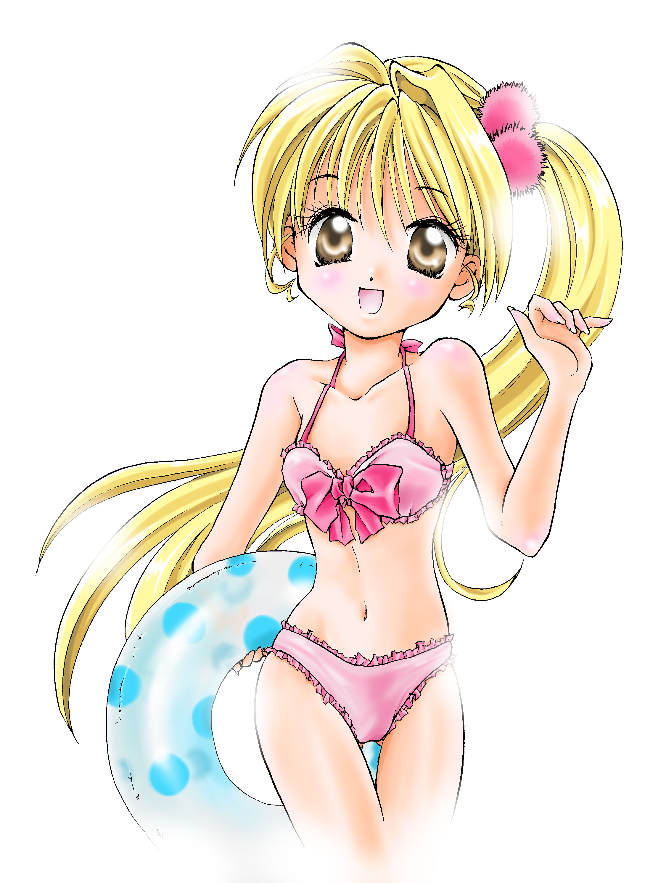 aya-bu, absurdres, bad id, bad pixiv id, highres, bikini, blonde hair, brown eyes, innertube, long hair, pink bikini, ponytail, solo, swim ring, swimsuit