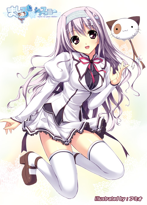 fumio (ura fmo), amaha miu, pan-nya, mashiroiro symphony, cat, hairband, kneeling, mary janes, pleated skirt, puffy sleeves, purple hair, school uniform, shoes, skirt, solo, thighhighs, zettai ryouiki