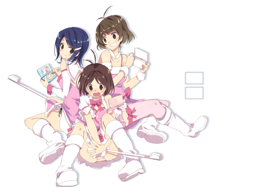 hamayumiba sou, akizuki ryo, hidaka ai, mizutani eri, idolmaster, idolmaster dearly stars, bad id, bad pixiv id, 00s, 2girls, antenna hair, blue hair, boots, brown eyes, brown hair, clothes lift, controller, crossdressing, crossdressing (ftm), cute & girly (idolmaster), hair ornament, hairclip, handheld game console, knee boots, multiple girls, nintendo ds, panties, playing games, short hair, skirt, skirt lift, striped clothes, striped panties, stylus, trap, underwear, video game