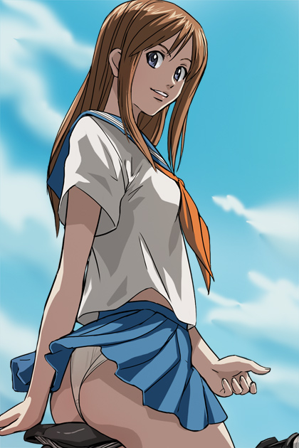 haruyama kazunori, fukazawa yuki, overdrive, 1girl, arm behind back, arm support, ass, bicycle, blue eyes, brown hair, clothes lift, cloud, cowboy shot, day, female focus, from side, grin, long hair, looking at viewer, looking back, midriff, miniskirt, necktie, outdoors, panties, pantyshot, parted bangs, pleated skirt, riding, school uniform, serafuku, shirt, short sleeves, sidelocks, sitting, skirt, skirt lift, sky, smile, solo, underwear, upskirt, white panties, wind, wind lift
