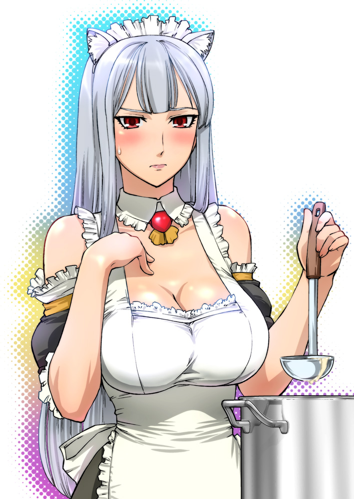 ueyama michirou, selvaria bles, senjou no valkyria, senjou no valkyria (series), senjou no valkyria 1, pot, silver hair, 00s, 1girl, animal ears, apron, bare shoulders, blush, breasts, cat ears, cleavage, cooking, female focus, food, huge breasts, ladle, large breasts, long hair, red eyes, solo, soup, sweatdrop