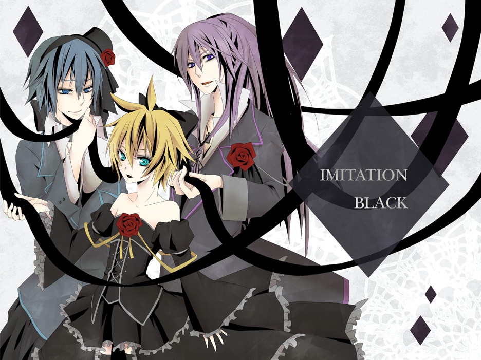 towji, kagamine len, kaito (vocaloid), kamui gakupo, imitation black (vocaloid), vocaloid, 3boys, aqua eyes, bare shoulders, black dress, blonde hair, blue eyes, blue hair, crossdressing, crossdressing (mtf), dress, dress flower, flower, frills, hat, long hair, male focus, mini hat, mini top hat, multiple boys, ponytail, purple hair, rose, short hair, smile, top hat, trap