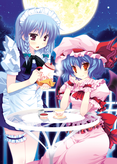 araiguma, izayoi sakuya, remilia scarlet, embodiment of scarlet devil, touhou, silver hair, bad id, bad pixiv id, 2girls, bat wings, blue hair, braid, cup, female focus, hairband, hat, maid, moon, multiple girls, night, outdoors, red eyes, short hair, skirt, sky, tea, teacup, teapot, twin braids, wings