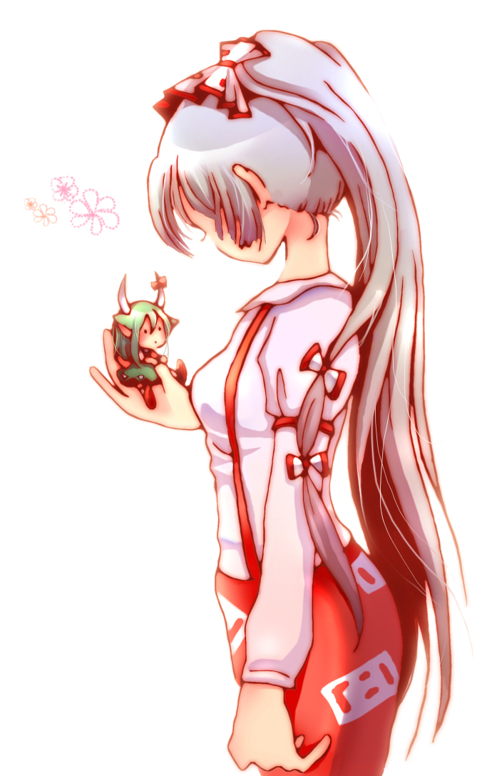 koroneri, ex-keine, fujiwara no mokou, kamishirasawa keine, touhou, 2girls, alternate hairstyle, chibi, female focus, flower, mini person, minigirl, multiple girls, plant, ponytail, simple background, standing, white background