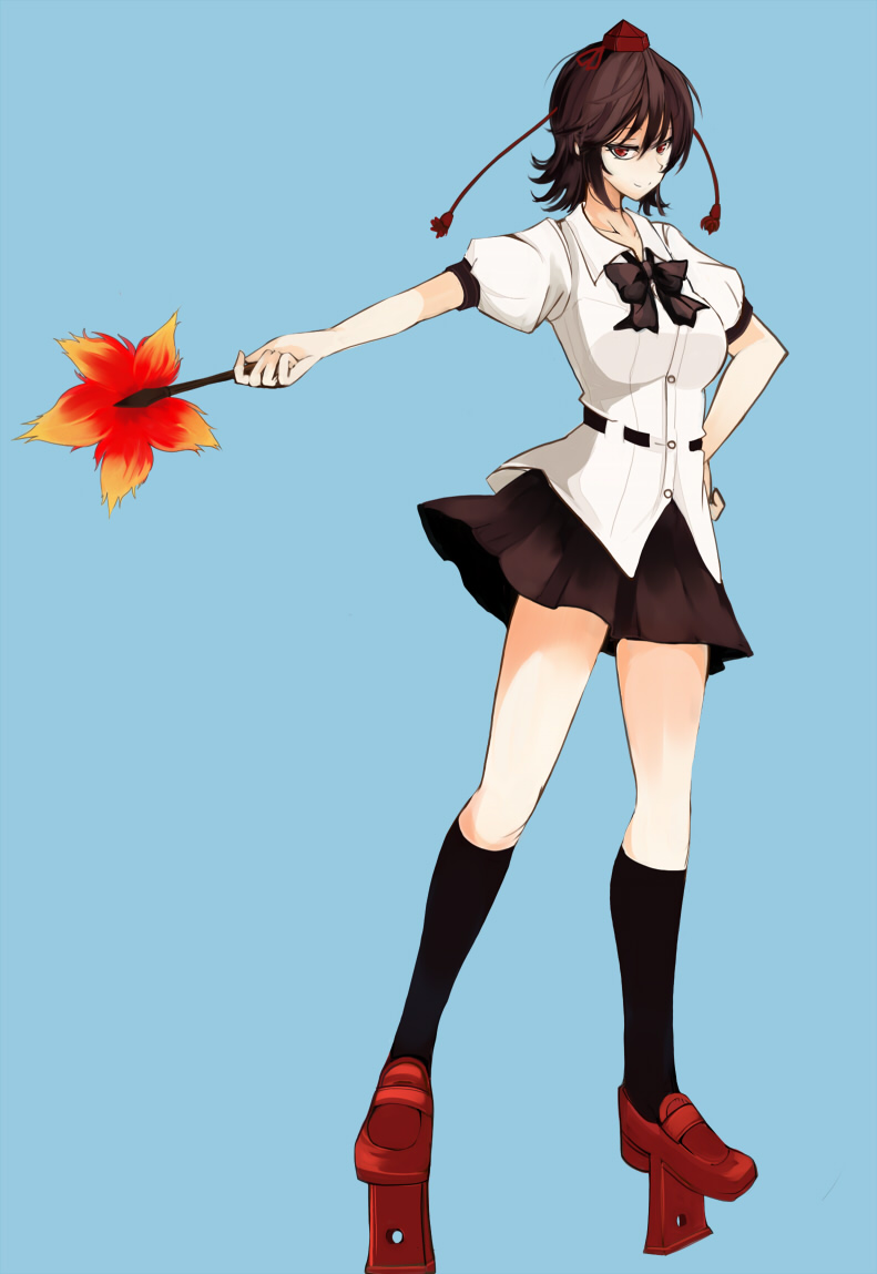 takaharu, shameimaru aya, touhou, bad id, bad pixiv id, 1girl, black hair, female focus, geta, hand fan, hat, looking at viewer, red eyes, short hair, skirt, smile, solo, tengu-geta, tokin hat