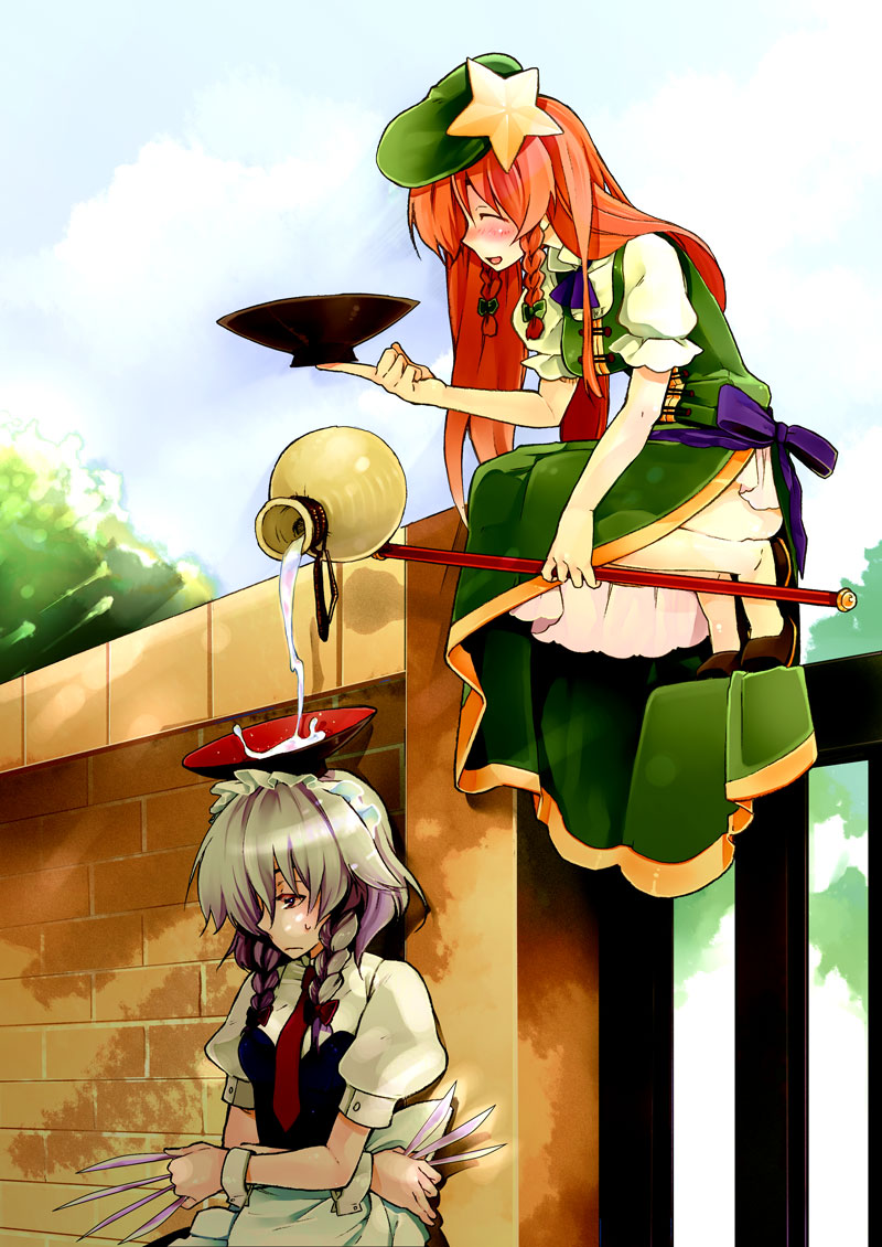 satoruin, shino satoru, hong meiling, izayoi sakuya, embodiment of scarlet devil, touhou, silver hair, 2girls, alcohol, blue eyes, blush, braid, china dress, chinese clothes, completely unamused, cup, dress, drunk, female focus, hairband, hat, knife, long hair, maid, multiple girls, nature, outdoors, plant, red hair, sakazuki, sake, short hair, sky, throwing knife, twin braids, unamused, weapon
