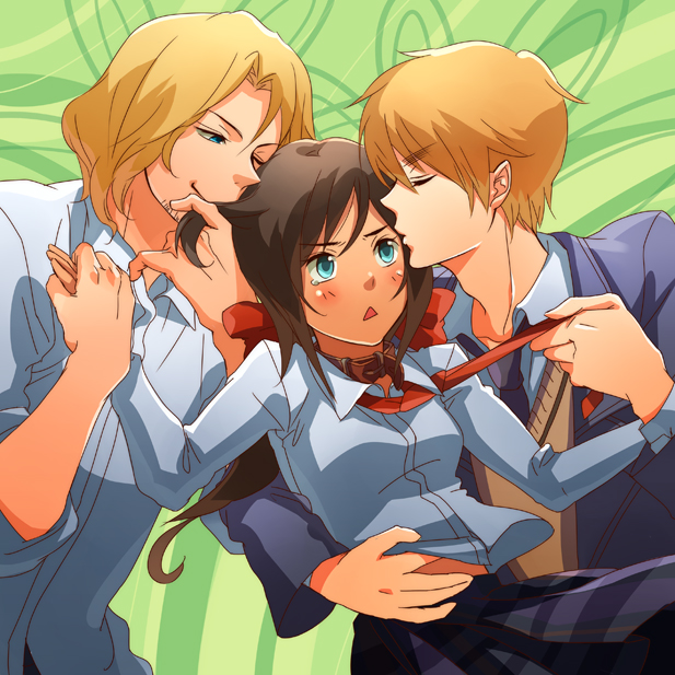 oba-min, france (hetalia), seychelles (hetalia), united kingdom (hetalia), axis powers hetalia, bad id, bad pixiv id, 00s, 1girl, 2boys, :<, blonde hair, blue eyes, blush, brown hair, collar, green background, hair ribbon, holding hands, hug, interracial, kiss, multiple boys, necktie, ribbon, school uniform