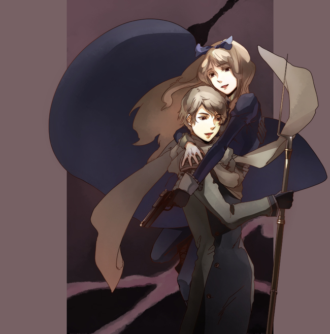 oba-min, belarus (hetalia), russia (hetalia), axis powers hetalia, silver hair, bad id, bad pixiv id, 00s, 1boy, 1girl, bayonet, blonde hair, bolt action, dress, gun, hair ribbon, hetero, hug, ribbon, rifle, scarf, siblings, weapon