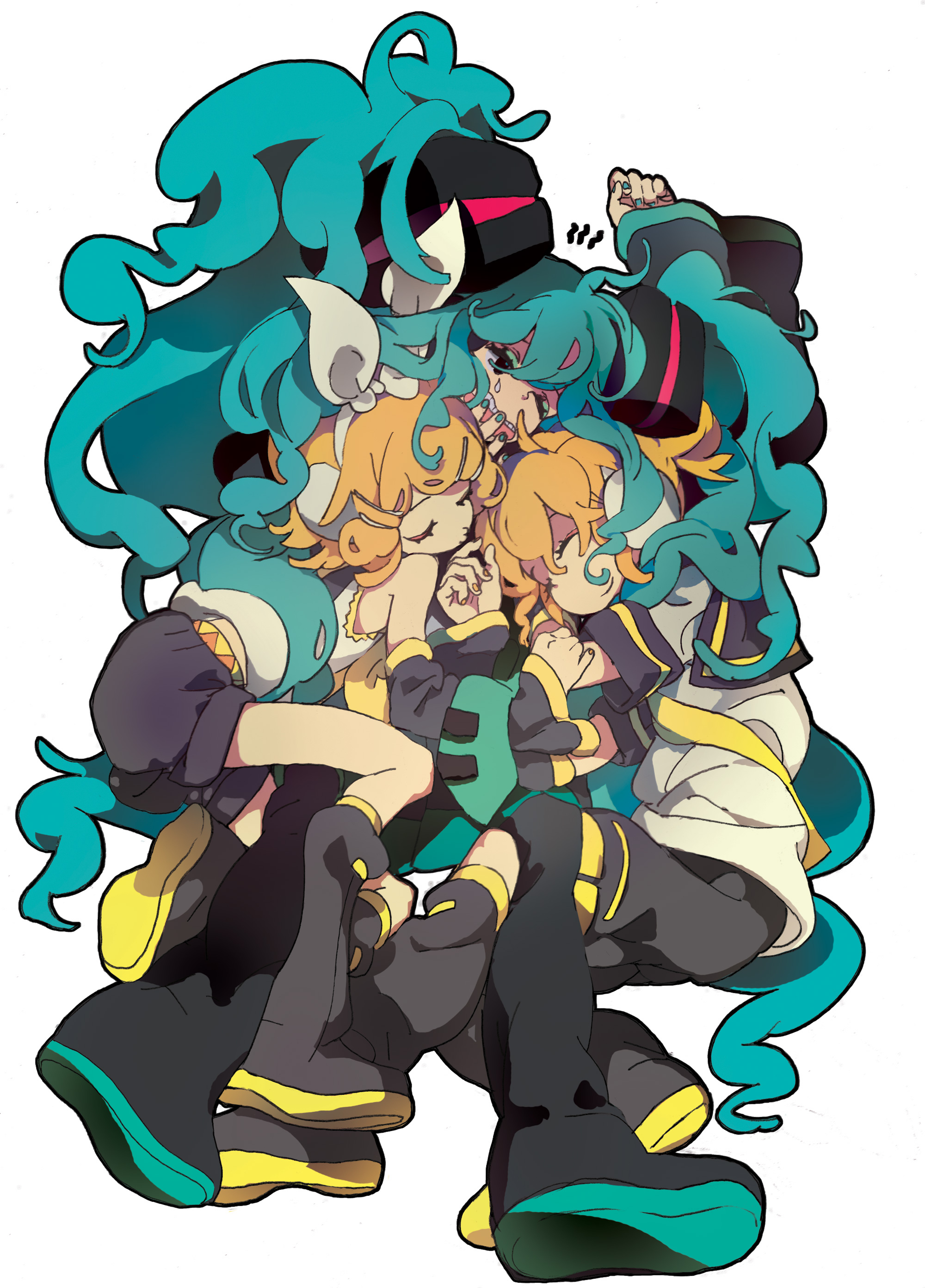 nasou, ninton, hatsune miku, kagamine len, kagamine rin, vocaloid, absurdres, bad id, bad pixiv id, highres, aqua eyes, aqua hair, blonde hair, closed eyes, detached sleeves, hair ornament, hair ribbon, hairclip, headphones, long hair, necktie, ribbon, short hair, shorts, siblings, sleeping, thighhighs, twins, twintails