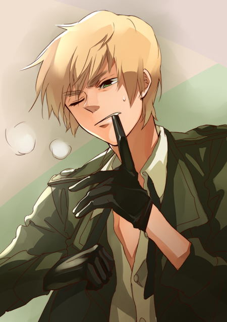 oba-min, united kingdom (hetalia), axis powers hetalia, eyebrows, bad id, bad pixiv id, 00s, 1boy, blonde hair, gloves, male focus, military, military uniform, short hair, solo