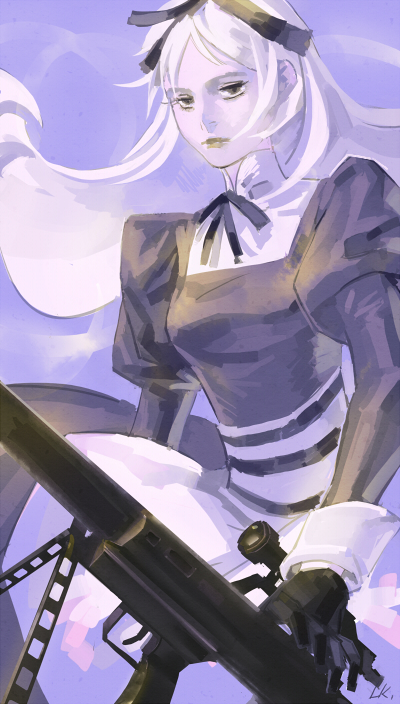 lanka, belarus (hetalia), axis powers hetalia, 00s, 1girl, anti-materiel rifle, dress, female focus, gun, lipstick, long hair, makeup, ribbon, rifle, scope, sniper rifle, solo, weapon, white hair