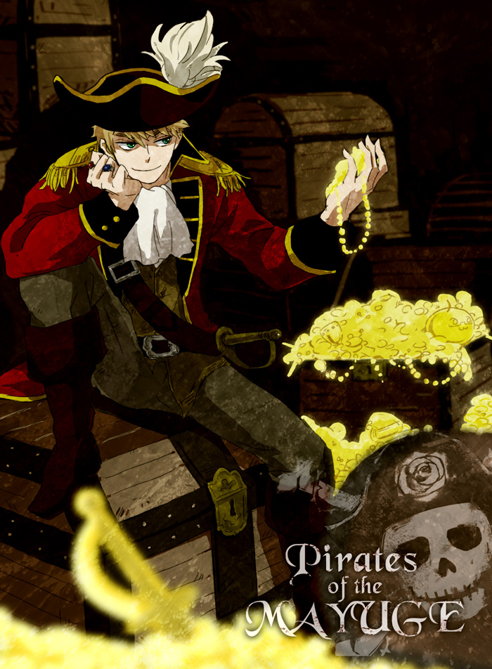 koga shi negi, kogashi negi, united kingdom (hetalia), axis powers hetalia, bad id, bad pixiv id, 00s, 1boy, ascot, belt, bicorne, blonde hair, blue eyes, boots, coin, epaulettes, gold, hat, jewelry, male focus, pirate, ring, short hair, skull, skull and crossbones, smirk, solo, sword, treasure, treasure chest, tricorne, weapon