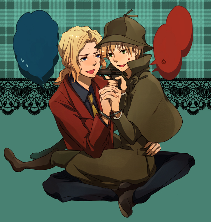 oba-min, arsene lupin iii, france (hetalia), sherlock holmes, united kingdom (hetalia), axis powers hetalia, lupin iii, the adventures of sherlock holmes, bad id, bad pixiv id, 2boys, anger vein, angry, arsene lupin iii (cosplay), blazer, blonde hair, blush, coat, cosplay, cuffs, deerstalker, detective, formal clothes, gun, handcuffs, hat, jacket, male focus, multiple boys, necktie, plaid background, red jacket, sitting, sitting on lap, sitting on person, suit, sweatdrop, trench coat, weapon, yaoi, yellow necktie