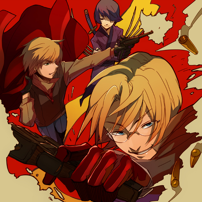 oba-min, america (hetalia), japan (hetalia), united kingdom (hetalia), axis powers hetalia, bad id, bad pixiv id, 00s, 3boys, black hair, blonde hair, blue eyes, bullet, glasses, gloves, grin, gun, katana, male focus, multiple boys, short hair, smile, sword, weapon
