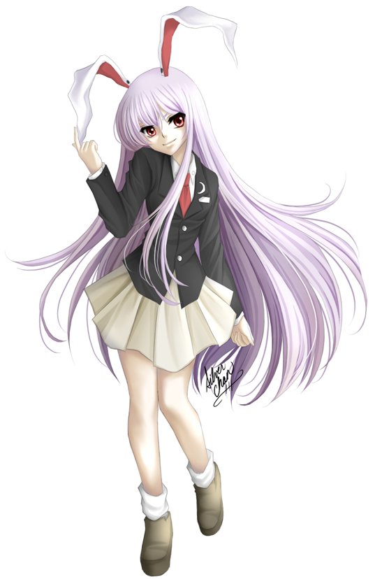 reisen udongein inaba, touhou, 1girl, animal ears, blazer, female focus, full body, jacket, pleated skirt, purple hair, rabbit ears, red eyes, simple background, skirt, solo, white background