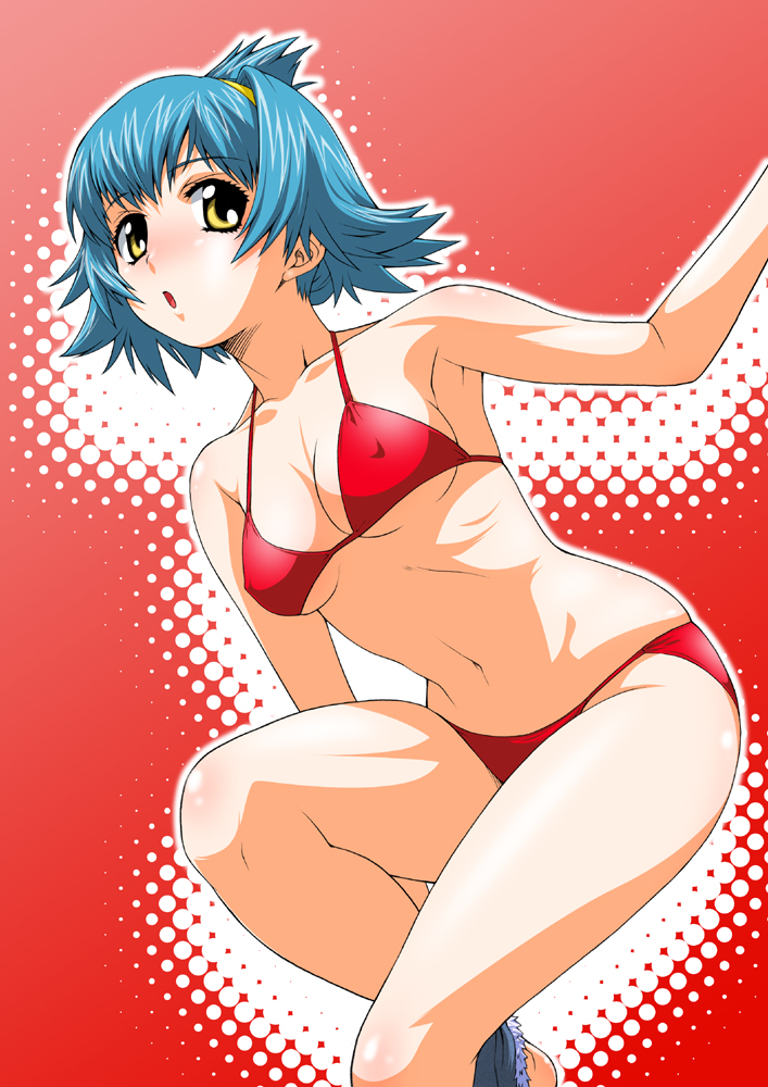 kouda tomohiro, inko no tsubasa, tenshi no shippo, 00s, 1girl, aqua hair, bikini, blue hair, breasts, covered erect nipples, female focus, medium breasts, open mouth, red bikini, short hair, solo, swimsuit, yellow eyes