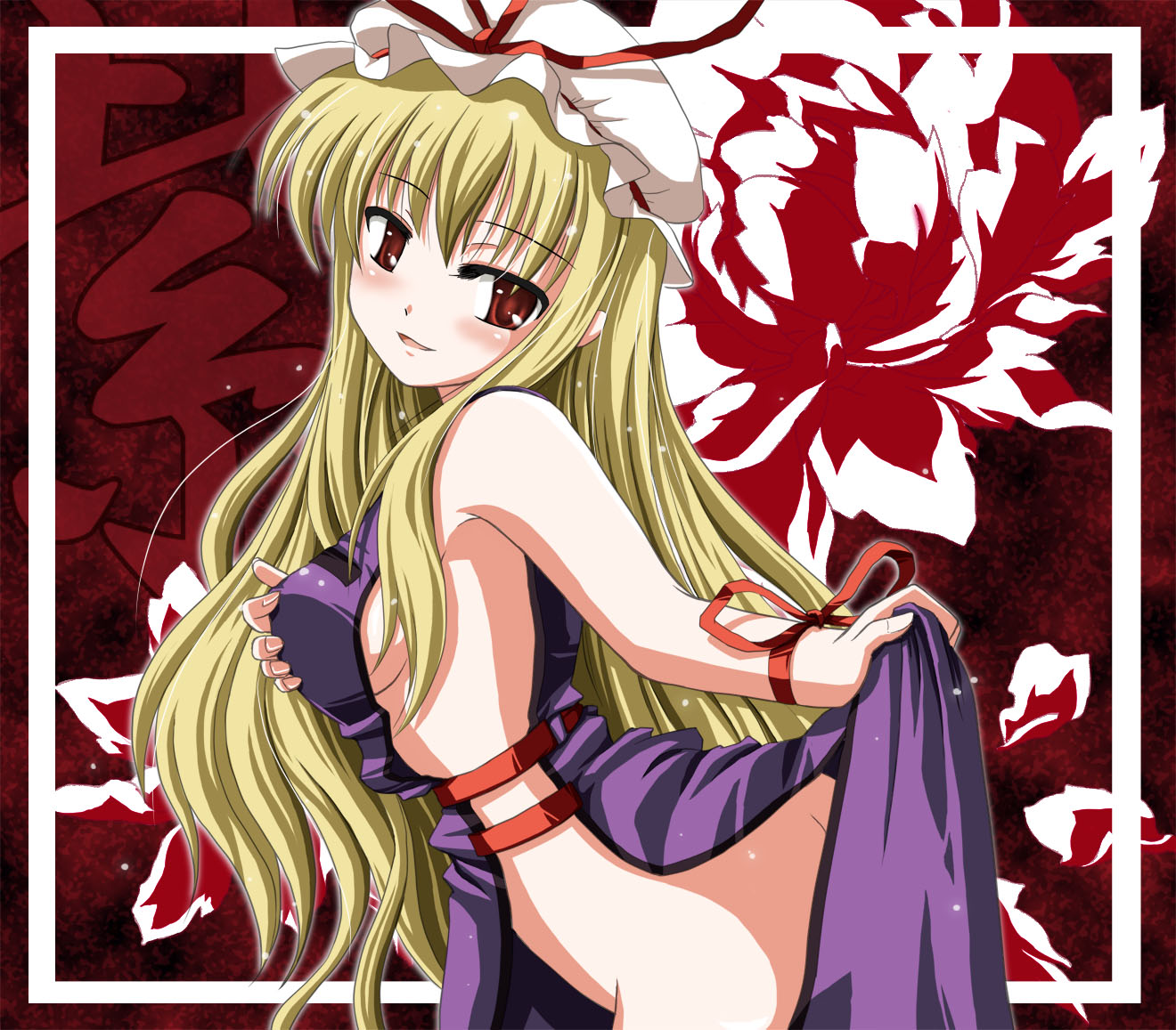 kinagi yuu, yakumo yukari, touhou, 1girl, arm ribbon, bare shoulders, blonde hair, blush, breasts, female focus, hat, long hair, naked tabard, naughty face, no bra, no panties, red eyes, ribbon, sideboob, smile, solo, tabard
