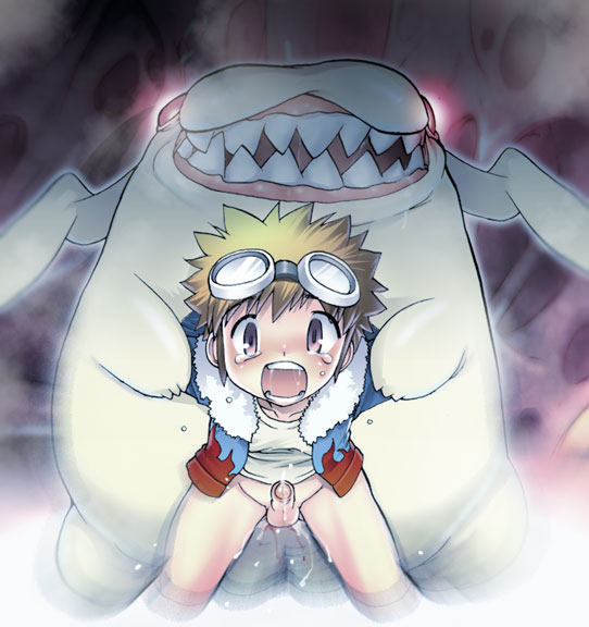 motomiya daisuke, digimon, digimon adventure 02, 00s, 1boy, anal, blonde hair, blood, bottomless, cum, cum in ass, furry, furry male, goggles, interspecies, male focus, male penetrated, monster, penis, rape, shota, tears, uncensored, yaoi