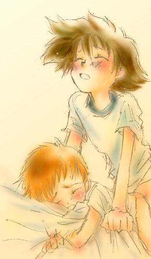 izumi koshiro, yagami taichi, digimon, digimon adventure, 2boys, aged down, anal, blush, bottomless, brown hair, male focus, male penetrated, moaning, multiple boys, red hair, sex, shota, sportswear, yaoi