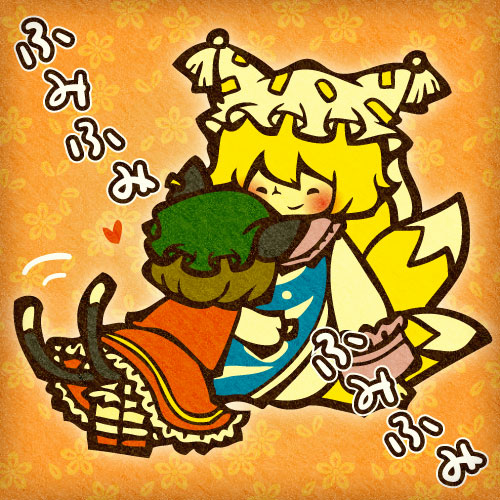 tamasaburou, chen, yakumo ran, touhou, lowres, 2girls, animal ears, animal hat, blonde hair, brown hair, cat ears, cat girl, cat tail, chibi, closed eyes, earrings, female focus, fox tail, hat, hug, jewelry, long sleeves, mob cap, multiple girls, shoes, short hair, socks, tail, tassel, text focus, wide sleeves