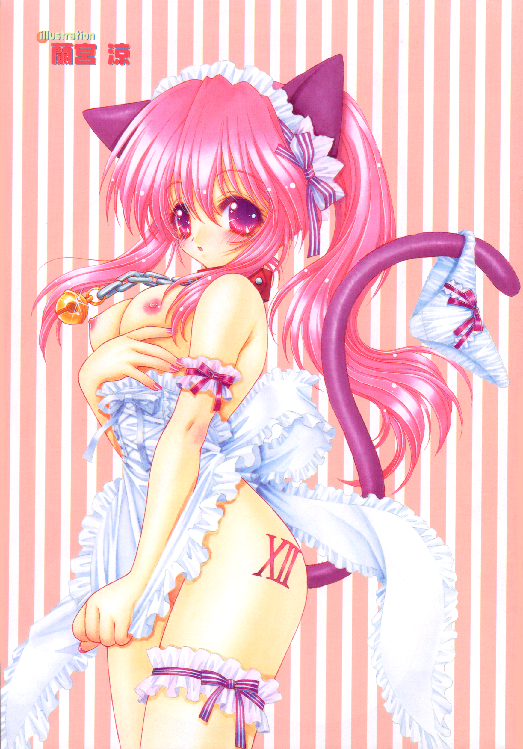 ramiya ryou, breast hold, absurdres, highres, animal ears, apron, breasts, cat ears, long hair, naked apron, nipples, pink hair