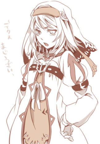 miho (mi), alice (tales), tales of (series), tales of symphonia, tales of symphonia: dawn of the new world, lowres, translated, 00s, 1girl, female focus, hands on own hips, hat, heterochromia, monochrome, orange theme, short hair, solo