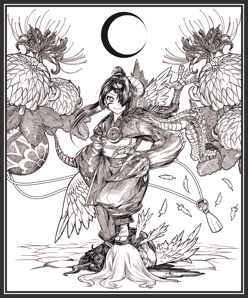 kikukawa norihiko, original, bad id, bad pixiv id, highres, 2girls, crescent moon, extra arms, flower, greyscale, hair over one eye, horns, monochrome, moon, multiple girls, red flower, spider lily, wings