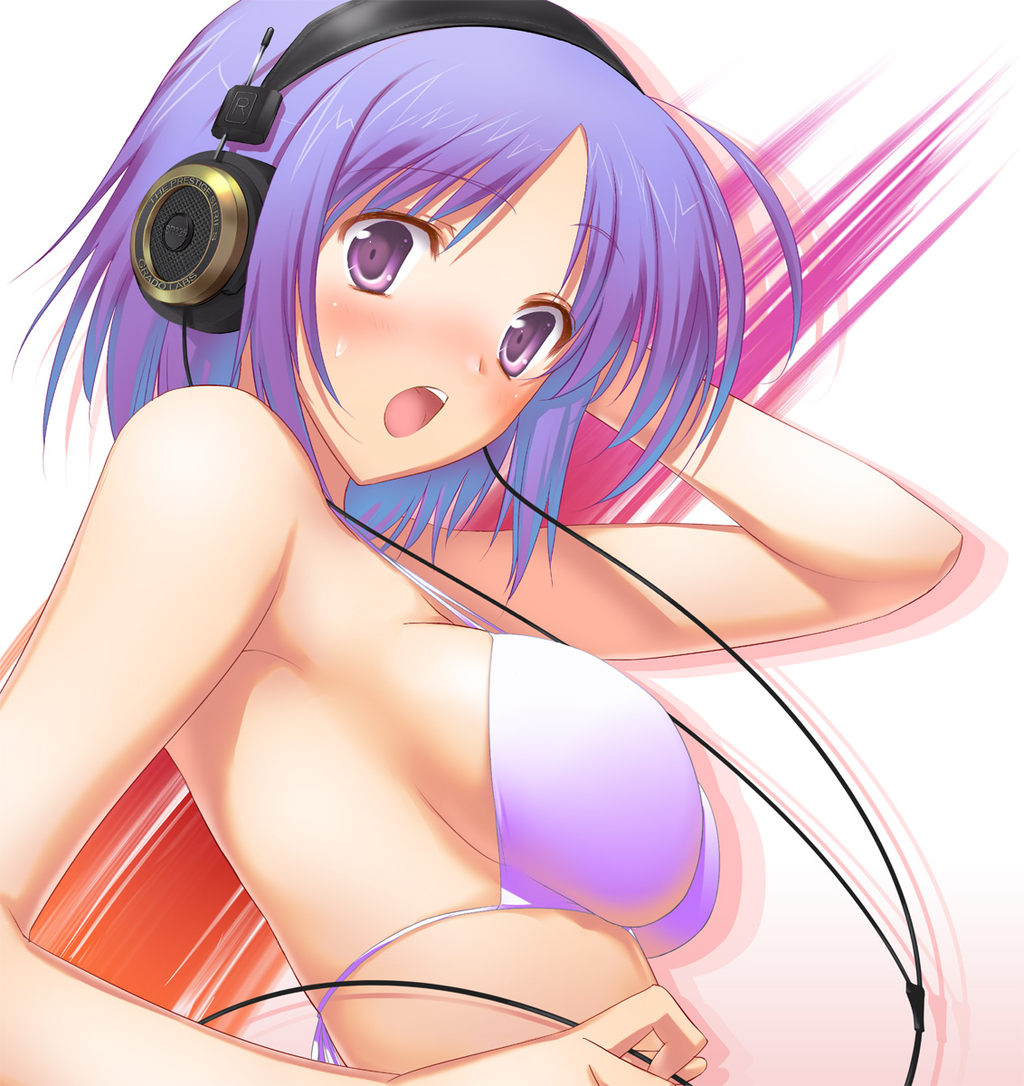 47agdragon, grado labs, original, highres, 1girl, armpits, arms behind head, bare shoulders, bikini, blush, breasts, female focus, grado sr325, headphones, large breasts, open mouth, purple eyes, purple hair, short hair, sideboob, solo, sweatdrop, swimsuit
