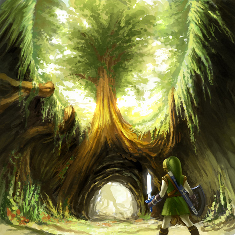 ninten link, link, nintendo, the legend of zelda, 1boy, blonde hair, flower, hat, holding sword, male focus, master sword, nature, pointy ears, sheath, shield, solo, sword, tree, weapon
