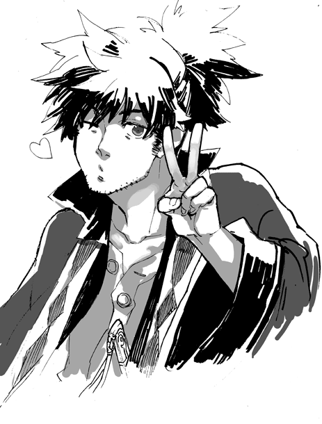 raven (tales), tales of (series), tales of vesperia, 00s, 1boy, black hair, greyscale, male focus, monochrome, one eye closed, ponytail, solo, v, wink