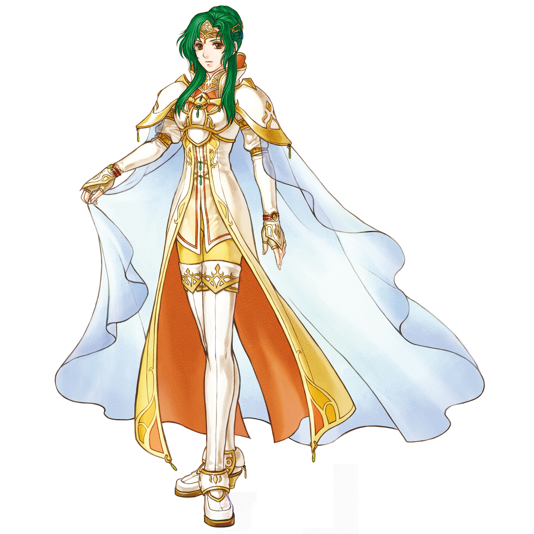 kita senri, elincia ridell crimea, elincia ridell crimea (undaunted queen), fire emblem, fire emblem: radiant dawn, nintendo, pegasus knight uniform (fire emblem), highres, official art, armor, boots, brown eyes, cape, elbow gloves, gloves, green hair, simple background, solo, thigh boots, thighhighs, tiara, white armor, white background