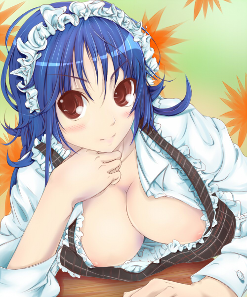 amino gouya, original, 1girl, blue hair, blush, breasts, brown eyes, cleavage, female focus, large breasts, nipple slip, nipples, solo
