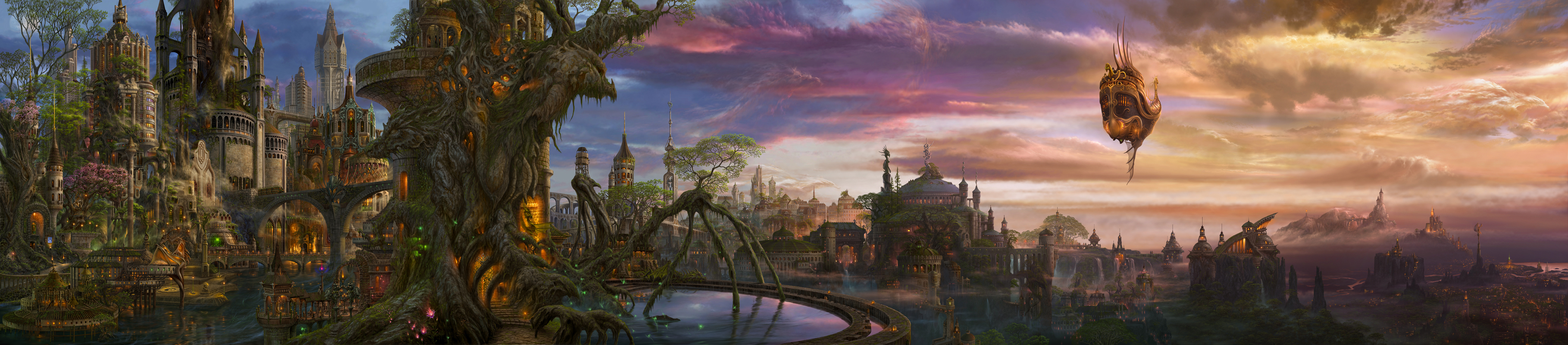 kazumasa uchio, uchio kazumasa, original, lights, absurdres, highres, long image, wide image, absurdly detailed composition, bridge, castle, city, cityscape, cloud, complex exterior, dragon, fantasy, flower, glowing, moon, moss, no humans, overgrown, scenery, sky, statue, tower, tree, treehouse, water, waterfall